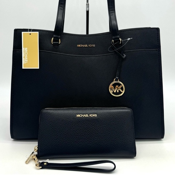 Michael Kors Large MF Pocket Shoulder Tote Bag & Continental Wallet Black/Gold - Picture 1 of 15